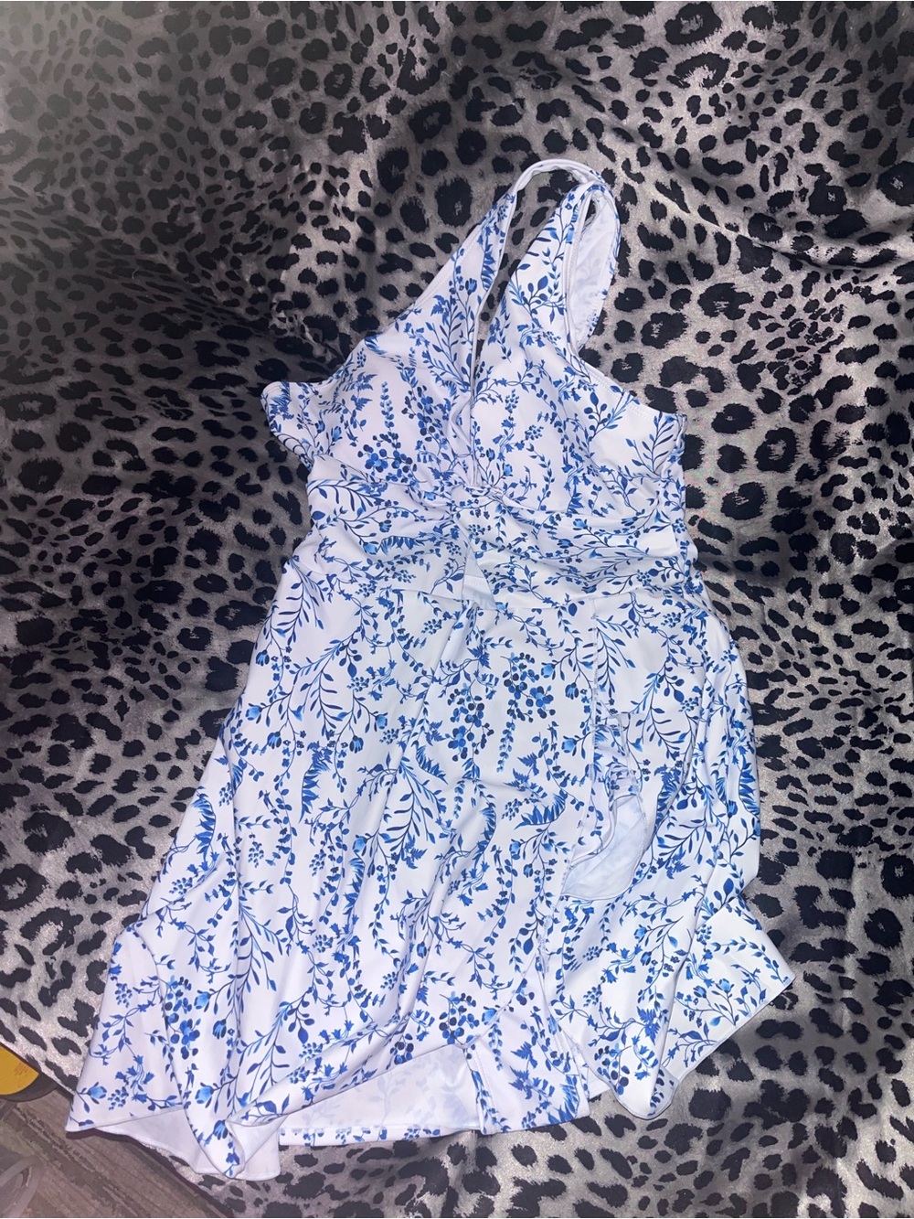 White and Blue Floral One-Shoulder Dress